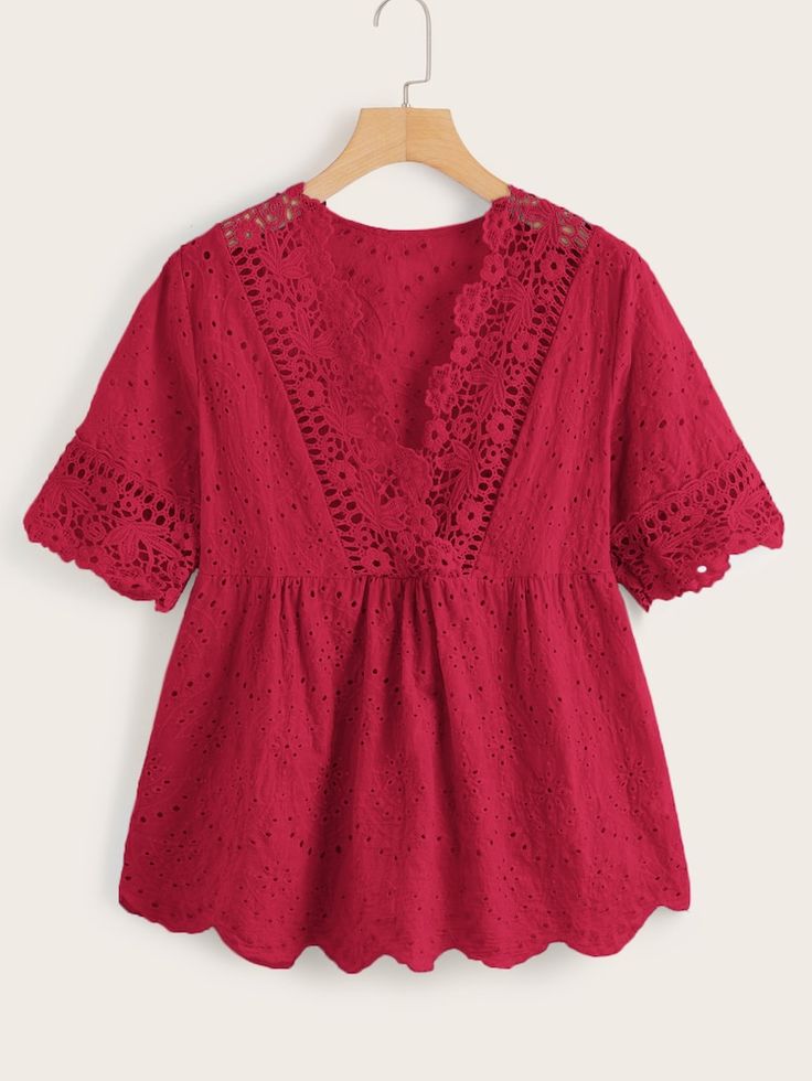 Eyelet Embroidery Scallop Trim Peplum Blouse | SHEIN Fotua Design, Alia Cut, Western Top, Peplum Tops, Eyelet Embroidery, Fashion Tops Blouse, Scallop Trim, Trendy Fashion Tops, Casual Day Outfits