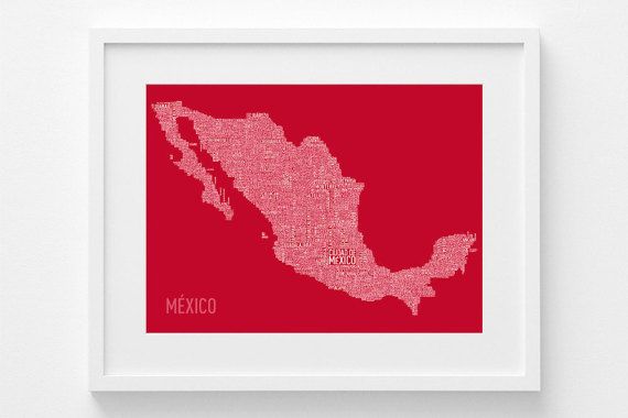 a framed map of mexico with the names and cities in grey on a white wall