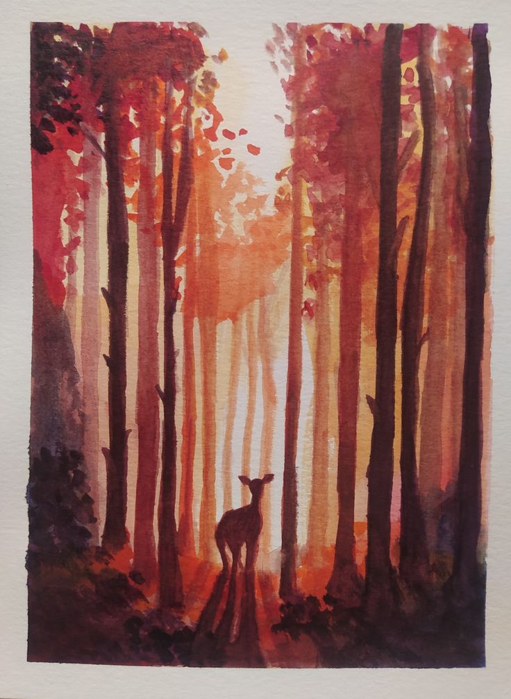 a painting of a deer standing in the middle of a forest with trees on either side