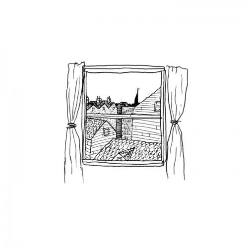 an ink drawing of a window with curtains on the outside and buildings in the background