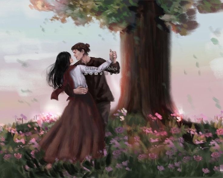 a painting of two people standing next to a tree in the grass with flowers around them