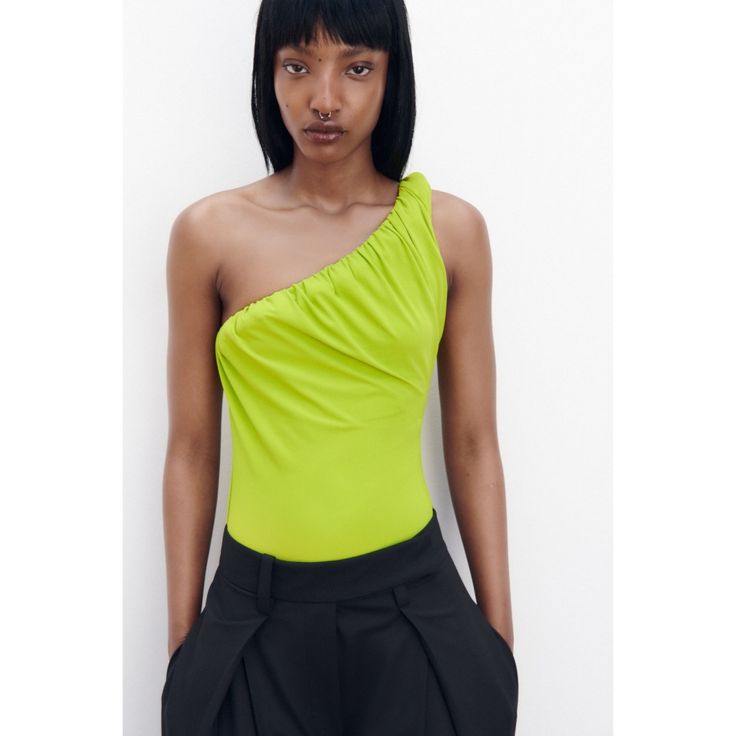 Nwt Zara One Shoulder Ruched Bodysuit Gorgeous Lime Green Bodysuit. Snap Closure. New With Tags Size M 34 Fitted Ruched Summer Bodysuit, Elegant Ruched Bodysuit For Spring, Spring Ruched Bodysuit For Night Out, Ruched Bodysuit For Night Out In Spring, Chic Fitted Ruched Bodysuit, Spring Stretch Ruched Bodysuit, Spring One-shoulder Party Bodysuit, Chic Green Bodysuit For Party, Spring Party Ruched Bodysuit