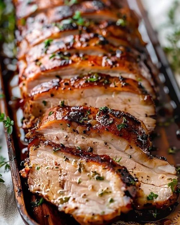 sliced pork loin on a baking sheet with herbs