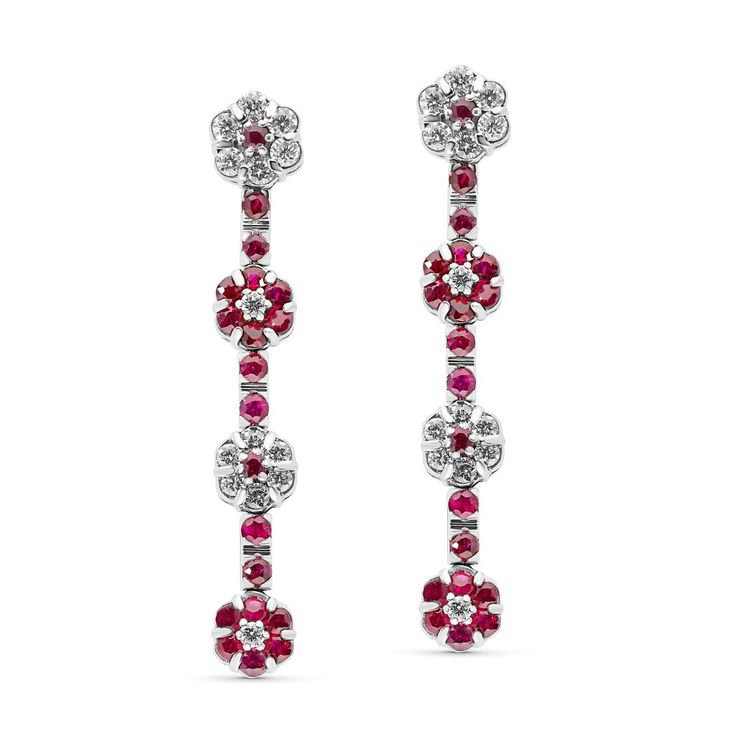 Ruby and Diamond Flower Dangling Earring Diamond Dangling Earrings, Emerald Earrings Drop, Orange Sapphire, Ruby Jewelry, Earrings Dainty, Diamond Flower, Diamond Drops, Diamond Drop Earrings, Tennis Bracelet Diamond