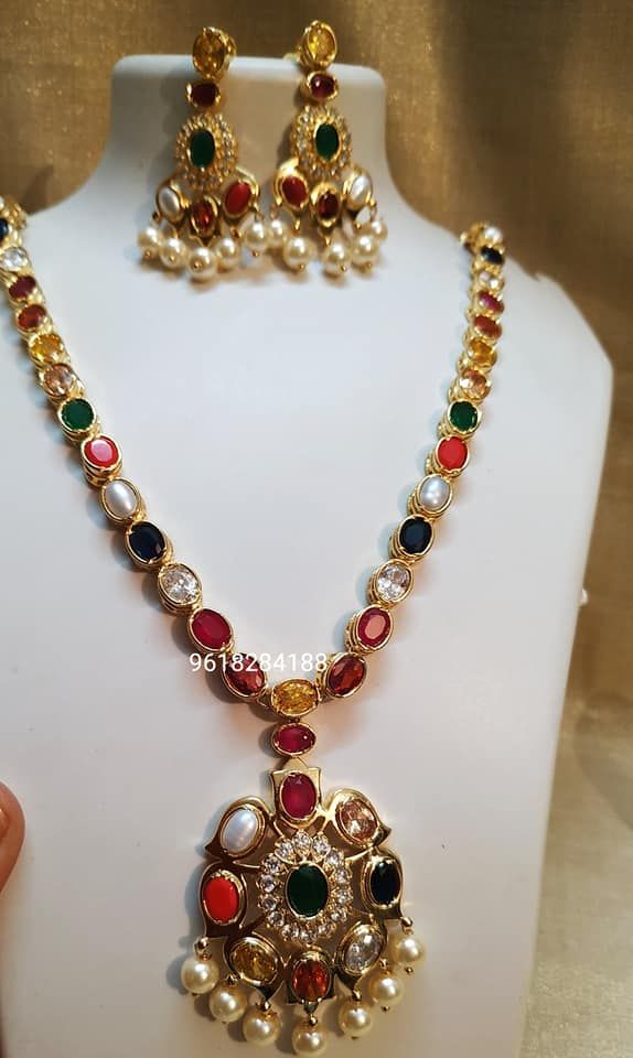 Beautiful one gram gold necklace studded with navaratan stones. Navratan Necklace Gold, Navrathan Necklace Gold, Navarathna Necklace Gold, Navratna Necklace Gold, Malabar Gold Jewellery Necklaces Antique, Navratna Bangles, Navarathna Necklace, Navaratan Jewellery, Navratan Jewellery