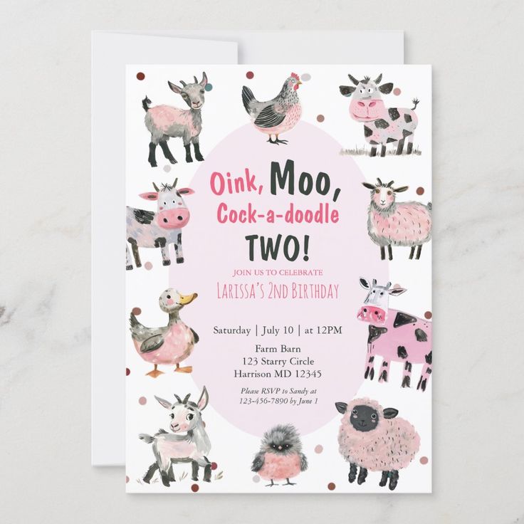 Oink Moo Cock-a-doodle two! An adorable second birthday farm animal party invite for girls. 2 Year Party Ideas, Girly Second Birthday Party, 2year Birthday Theme, Twin 2nd Birthday Ideas, Two Birthday Ideas, 2nd Birthday Party Themes Girl, Two Year Old Birthday Party Themes, Second Birthday Theme, Girls Second Birthday