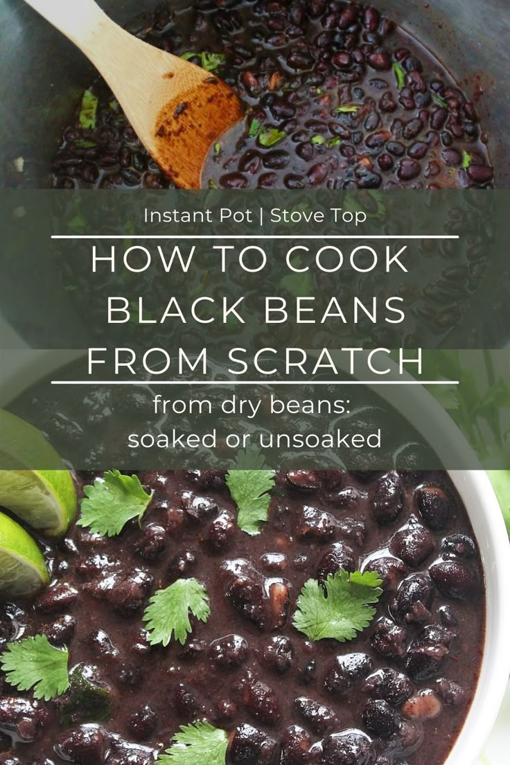 black beans in a pot with cilantro on the side and text overlay reading how to cook black beans from scratch