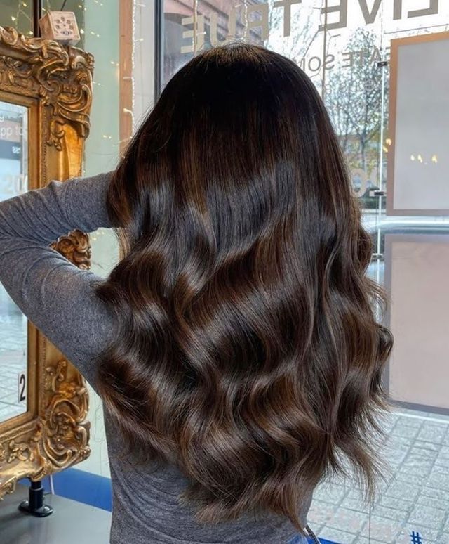 Subtle Chocolate Brown Balayage, Long Hair With Brown Highlights, Hair Inspiration Dark Brown, Long Black Brown Hair, Nice Brown Hair Color, Dark Brown Hair Curly, Dark Chocolate Brown Hair With Lowlights, Dark Mocha Brown Hair, Brunette Hair Curly