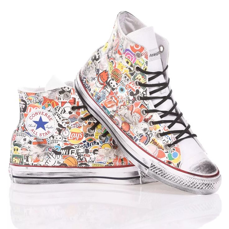 Converse Sticker Graffiti is the custom street-themed sneaker for men and women, with printed fabric sewn on the sides representing the multitude of stickers found on streets all over the world. Giving it a true street vibe are the smudges and scuffs covering the shoe. Converse Sticker Graffiti will be provided with black rope laces in addition to its original white ones. Retro Multicolor Custom Sneakers For Streetwear, Casual Skate Shoes With Letter Print For Streetwear, Casual Multicolor Custom Sneakers With Graphic Print, Retro Multicolor Skate Shoes For Streetwear, Multicolor Custom Sneakers With Vulcanized Sole For Streetwear, White Skate Shoes With Letter Print For Streetwear, Urban Multicolor Skate Shoes For Streetwear, Multicolor High-top Custom Sneakers For Skateboarding, High-top Multicolor Custom Sneakers For Skateboarding