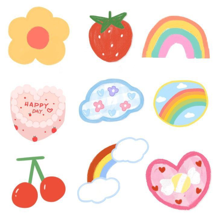 various stickers are arranged on a white surface with rainbows, cherries, and hearts