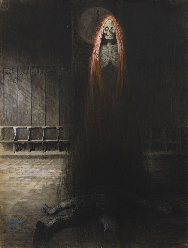 a painting of a skeleton with long red hair in a dark room next to a dead body