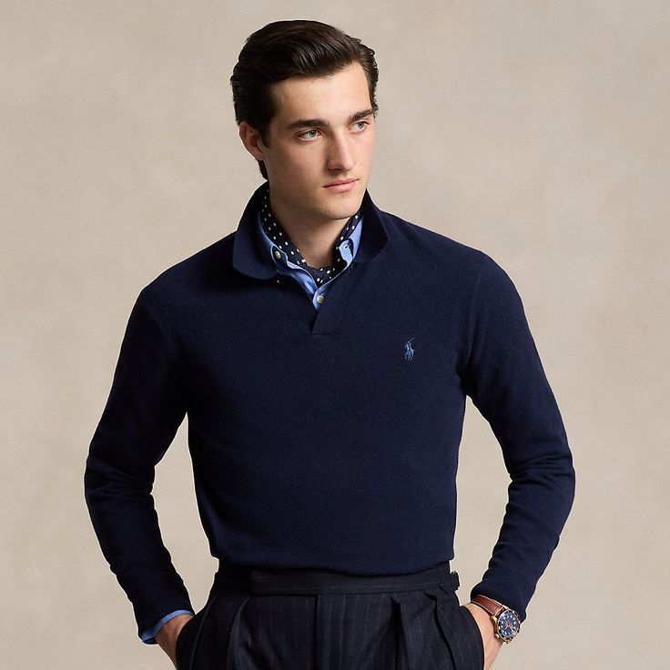 This polished sweater is finely knit with Italian wool yarn and finished with our signature embroidered Pony. Sweatpants And Sweater, Wimbledon Fashion, Collar Jumper, Johnny Collar, Ralph Lauren Mens, Polo Sport, Knitwear Men, Collar Sweater, Short En Jean