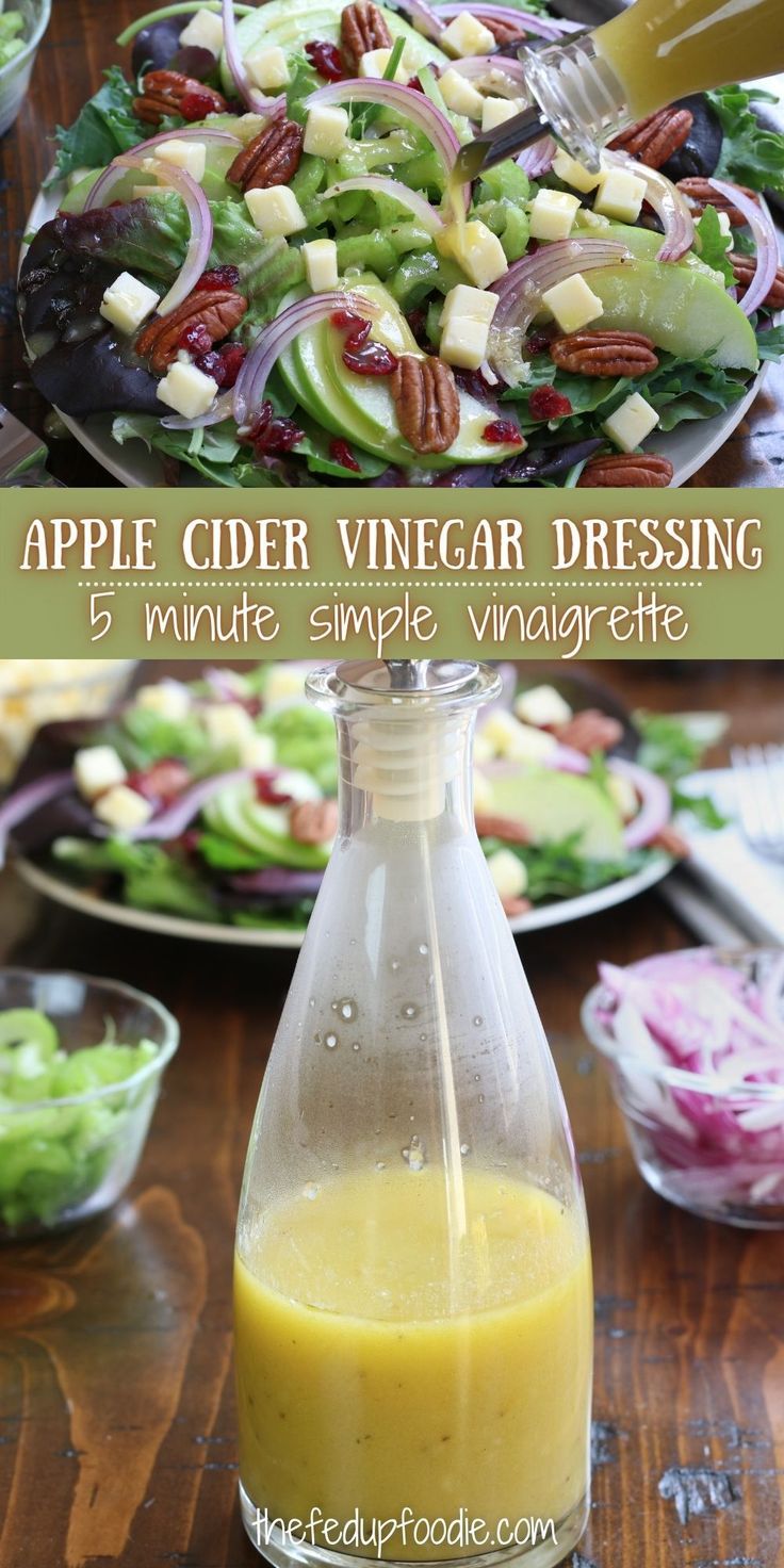 an apple cider vinegar dressing is being poured into a salad