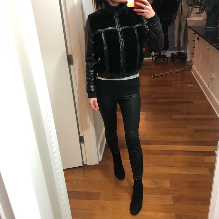 Incredible, Super Cool 100% Genuine Patent Leather Jacket With Front Fur Panels, Side Pockets, Standup Collar, Front Zipper And Knit Cuffs. Padded With Polyfill For Extra Warmth. No Damage On Fur, Pics Don’t Do Justice. Great Condition, Worn Just Few Times. No Major Issues. Size Small Winter Party Leather Biker Jacket, Winter Party Leather Jacket With Zipper Closure, Black Leather Jacket For Winter Party, Winter Party Leather Jacket With Zipper, Chic Winter Evening Biker Jacket, Fitted Leather Jacket For Winter Evenings, Fitted Leather Jacket For Evening In Winter, Elegant Winter Biker Jacket For Party, Elegant Winter Party Biker Jacket