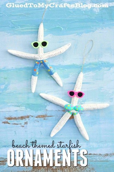 two starfish ornaments with sunglasses on them and the words beach themed stash ornaments