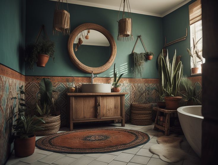 a bathroom with green walls and potted plants on the floor, along with a round mirror