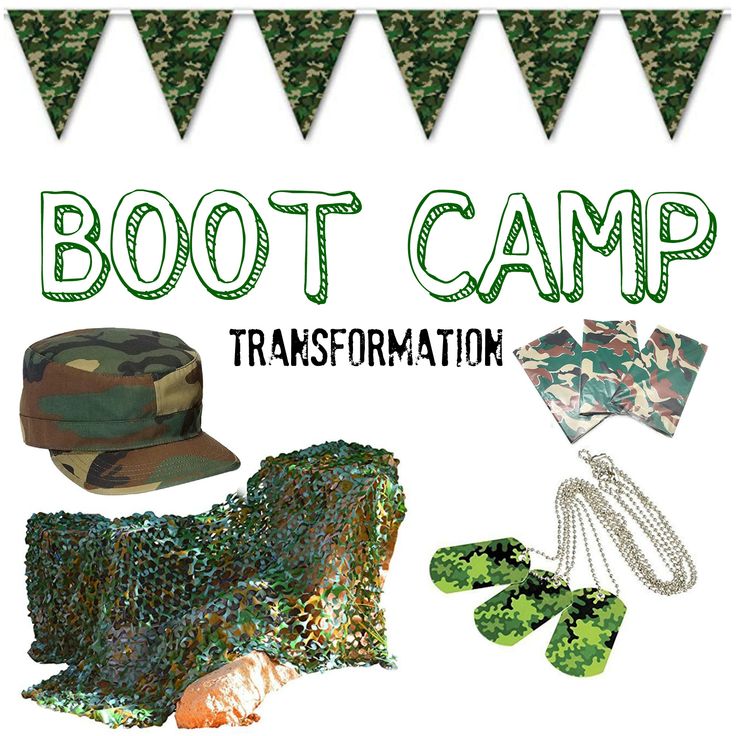 there are many items that can be used to decorate the boot camp theme for kids