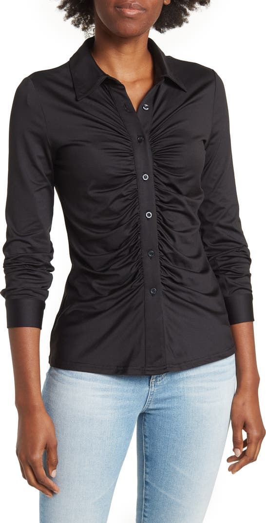 BY DESIGN Carla Ruched Button-Up Blouse | Nordstromrack Fitted Ruched Button-up Blouse, Spring Button-up Ruched Top, Spring Ruched Button-up Top, Chic Ruched Button-up Top, Wrinkle-resistant Tops For Spring Workwear, Spring Wrinkle-resistant Tops For Workwear, Spring Wrinkle-resistant Workwear Tops, Fitted Versatile Blouse With Button Closure, Fitted Collared Top With Wrinkle-resistant Fabric