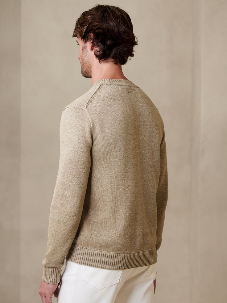 A sweater that perfectly blends the best parts of cotton and linen with a plush handfeel that is naturally breathable, remaining cool and fresh when temperatures climb.  Crew neck.  Straight hem.  Standard fit.  Long sleeves.  Hip length.  Body lengt Casual Cotton V-neck Sweater With Relaxed Fit, Casual Linen Winter Tops, Cotton Knit Sweater With Relaxed Fit, Beige Crew Neck Sweater With Relaxed Fit, Beige Relaxed Fit Crew Sweater, Casual Linen Sweater For Layering, Long Sleeve Linen Sweater For Layering, Linen Long Sleeve Sweater For Layering, Beige Crew Neck Cotton Sweater