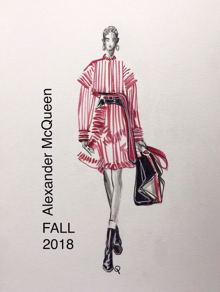 a drawing of a woman in a red and white dress holding a handbag while walking down the runway