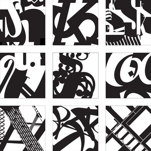 six different black and white images with letters