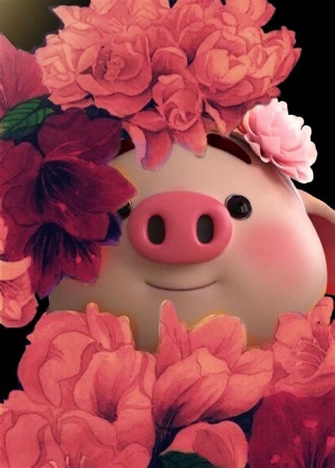 a pig with pink flowers on its head is surrounded by red and pink flowers in front of it