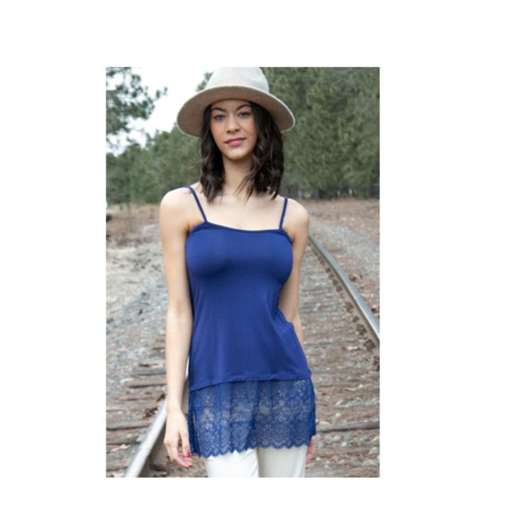 This Stappy Tank With A Lace Extension Is Great To Wear Alone Or With A Jacket Or Shorter Top. It Is Soft To The Touch With Adjustable Straps, Side Vents And Elastic Across The Pack For Added Comfort. Fabric: 97% Rayon, 3% Spandex Care Instructions: Machine Wash Cold, Hang Dry Blue Camisole For Day Out, Blue Cami Camisole For Day Out, Chic Blue Camisole With Built-in Bra, Blue Spaghetti Strap Camisole For Day Out, Casual Lace Trim Camisole For Layering, Casual Camisole With Lace Trim For Layering, Blue Spring Camisole For Day Out, Blue Lace Trim Camisole For Summer, Spring Blue Camisole With Built-in Bra