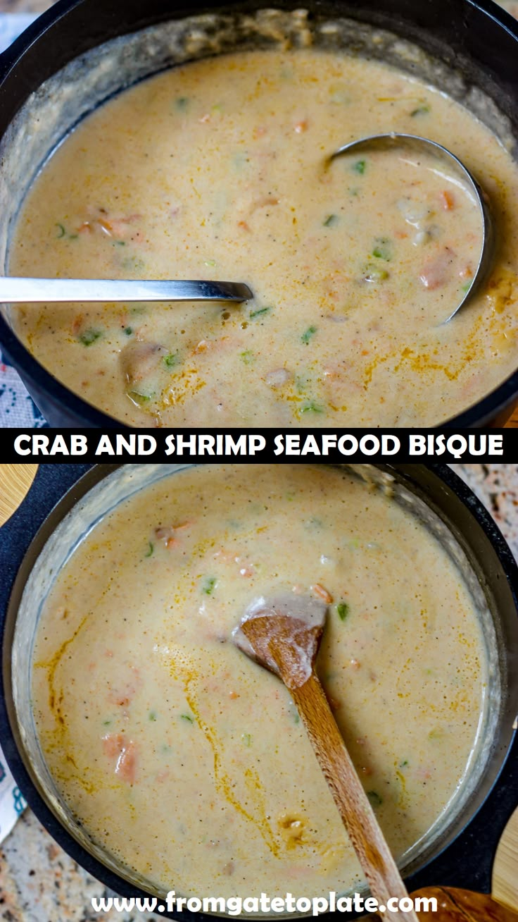 two pictures showing how to make crab and shrimp seafood bisque