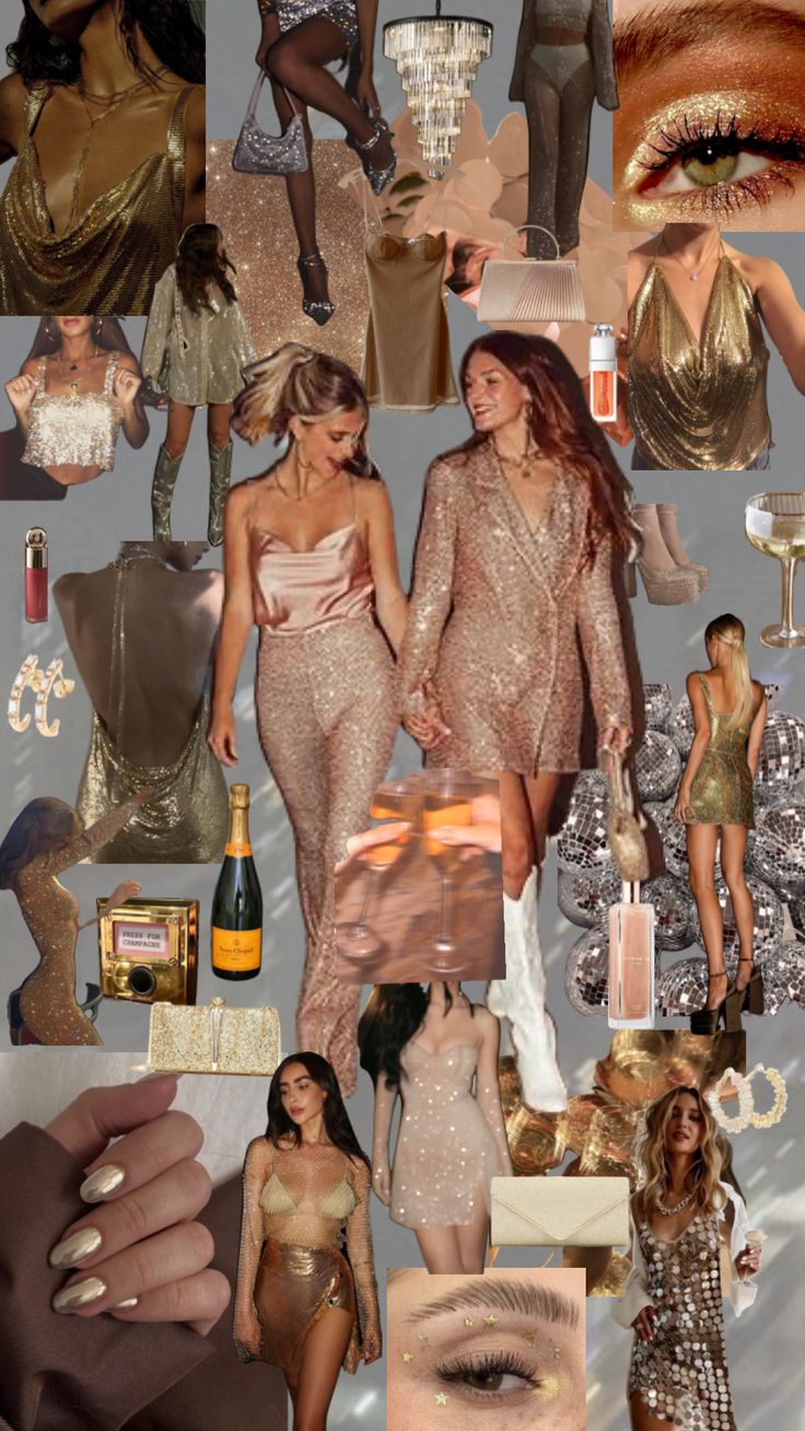 the collage shows two women in gold dresses and one is holding a champagne bottle