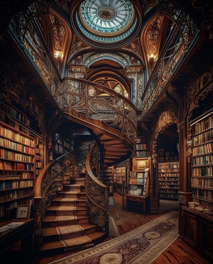 a spiral staircase in the middle of a library with bookshelves on either side