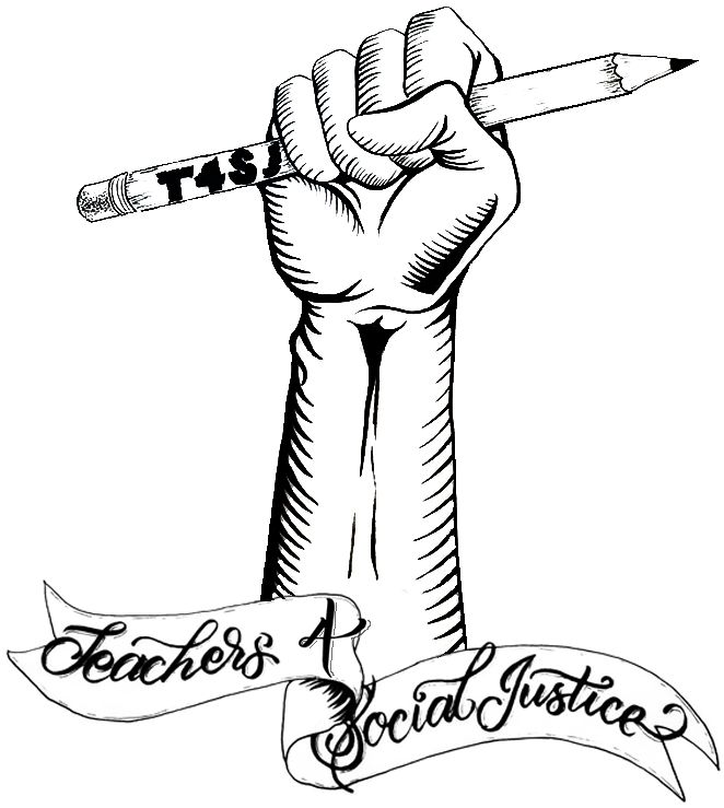 a black and white drawing of a hand holding a pencil with the words teachers'social justice written on it