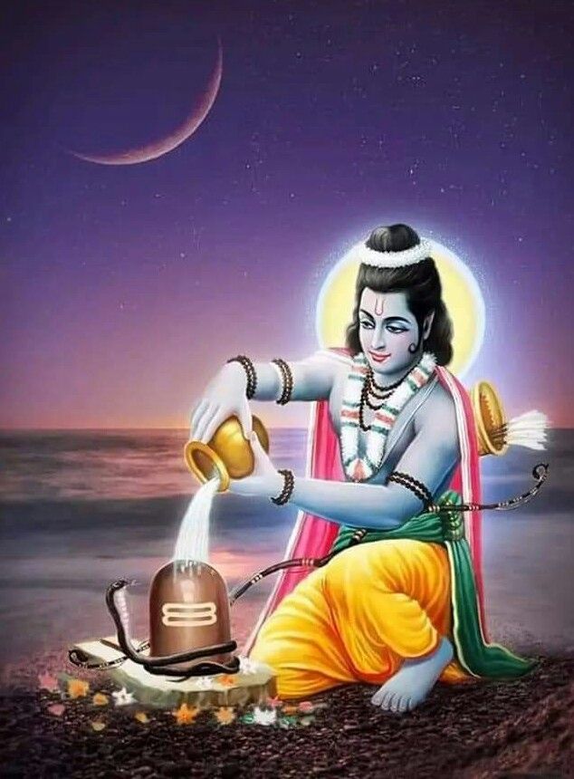 the god is pouring water into his pot on the beach at night with moon in background