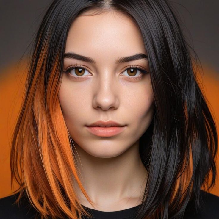 Half Black Half Orange Hair, Half Orange Hair, Hair Color Ideas Orange, Orange Hair Ideas, Alternative Hair Color, Alternative Hair Color Ideas, Black Dyed Hair, Fox Hair Dye, Dark Ombre Hair