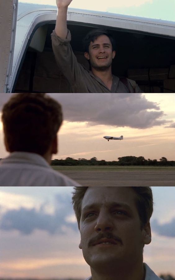 two pictures with the same person in front of an airplane and one has his hand up