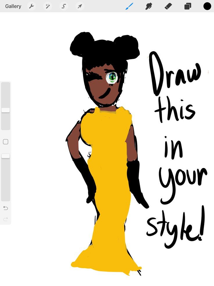 a drawing of a woman in a yellow dress with the words draw this in your style