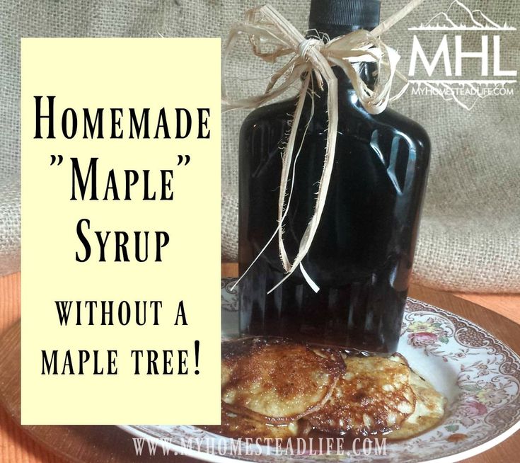 homemade maple syrup without a maple tree on a plate with pancakes and syrup in a bottle