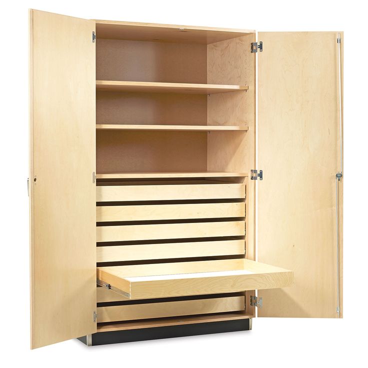 an open cabinet with drawers and shelves in it