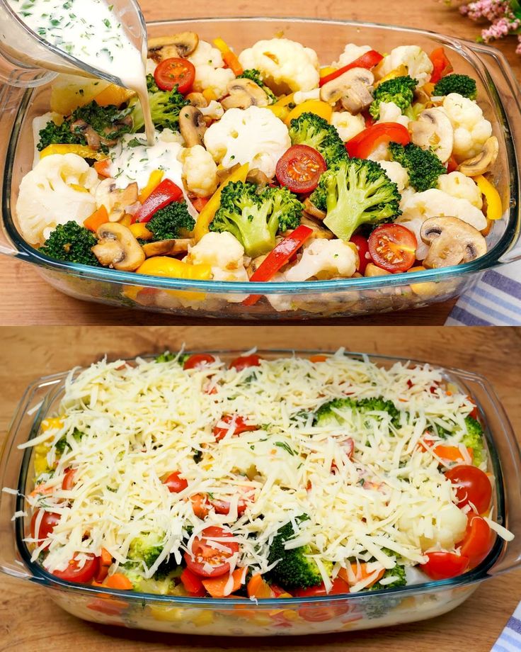 two casserole dishes filled with vegetables and cheese