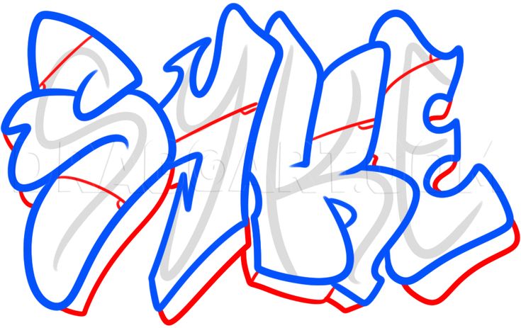 the word graffiti written in blue and red ink