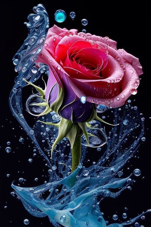 a pink rose with water splashing on it's petals and blue swirls