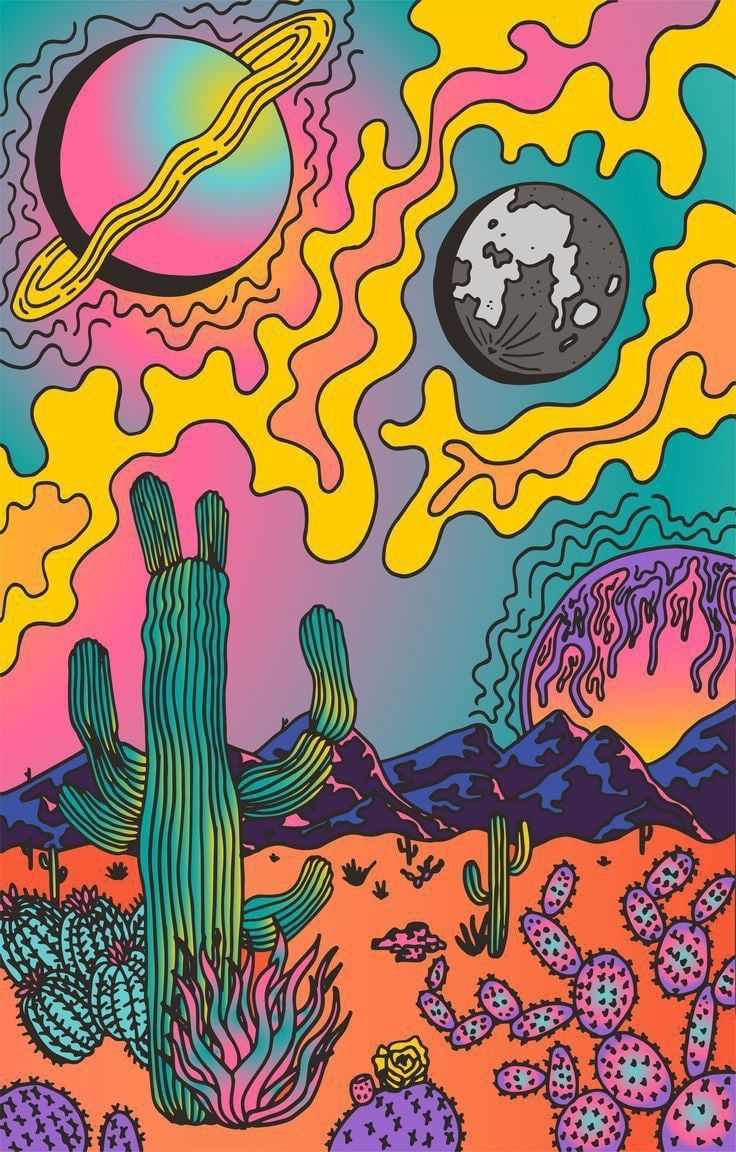 an image of a desert scene with cacti and planets