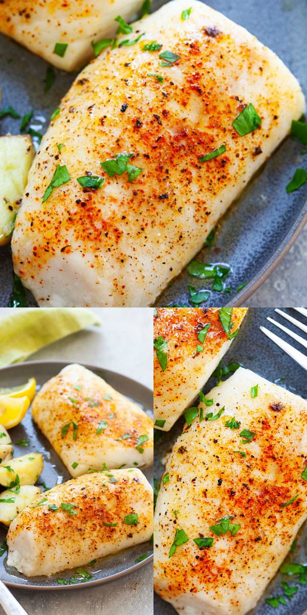 two pictures of fish on a plate with lemon wedges and parsley sprinkled