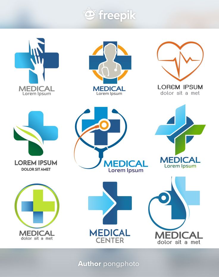 medical logos and emblems with different symbols in the shape of heart, cross, arrow, heartbeat