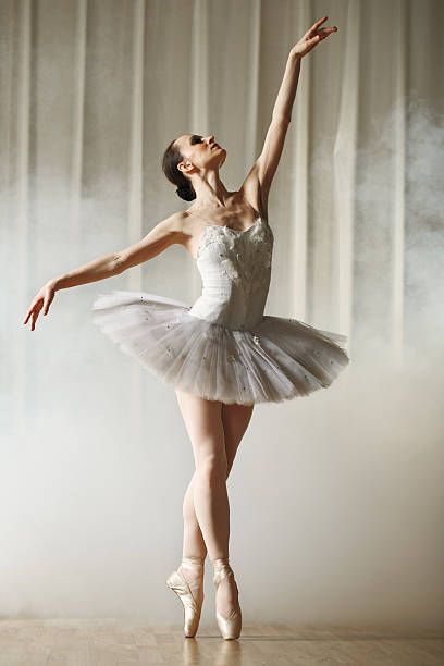 a ballerina in white tutu and ballet shoes, with her arms stretched out to the side