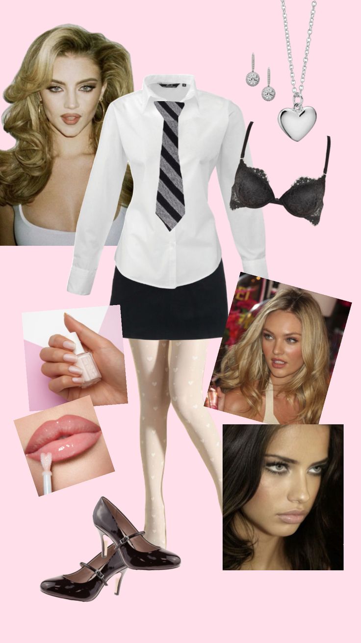 a collage of photos including a woman in white shirt, tie and black skirt