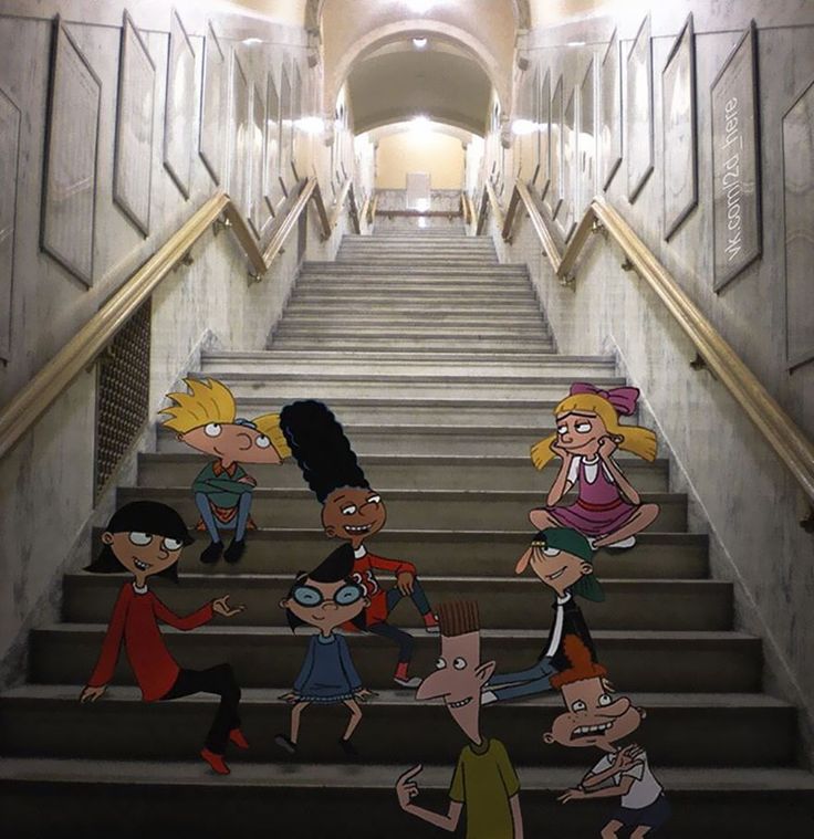 cartoon characters are walking down the stairs