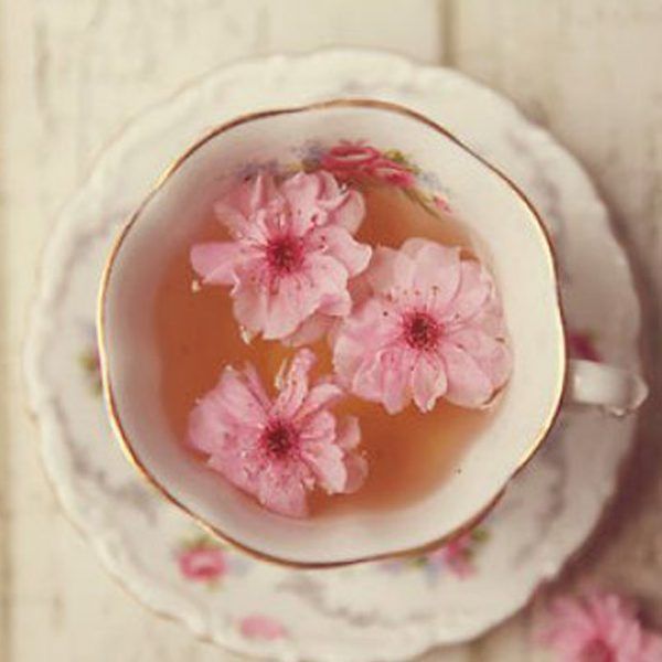 a tea cup with pink flowers in it and the words sigh on top of it