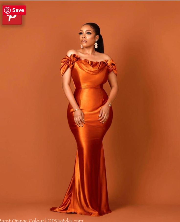 Burnt Orange Bridal Dresses, Bridal Satin Styles For Ladies, Bridal Train Dresses Nigeria, Bridal Train Styles In Nigeria, Burnt Orange Dress Outfit Wedding, Dark Orange Wedding, Burnt Orange Formal Dress, Burnt Orange Gown, Orange Wedding Guest Dress