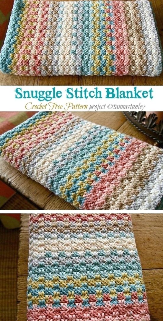 three different pictures of the same crocheted dishcloth on a wooden table with text overlay that says, snuggle stitch blanket