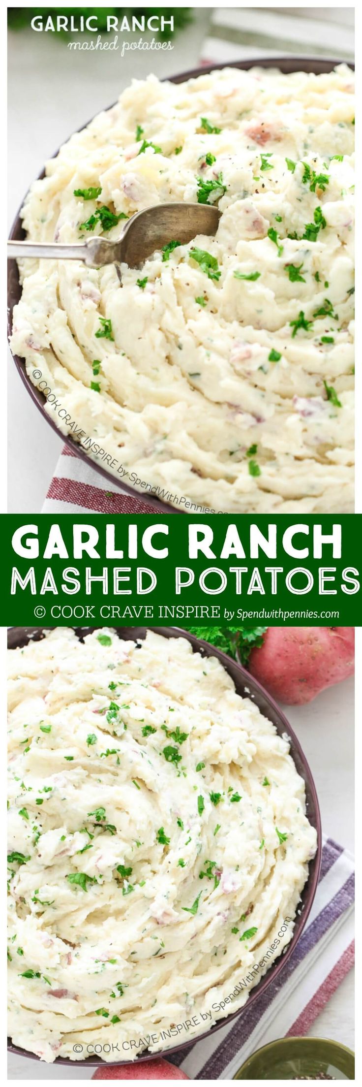 garlic ranch mashed potatoes in a baking pan with a serving spoon and title text overlay